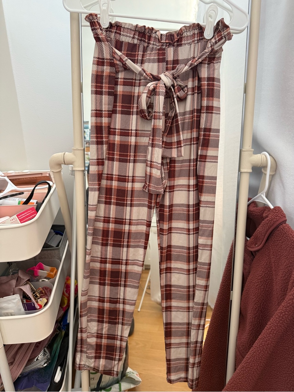 Rainbow Plaid Paperbag Waist Straight-Leg Pants in Cream & Brown